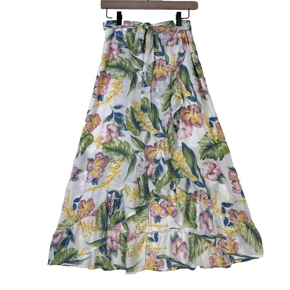 Tropical Floral Ruffle High Low‎ Maxi Skirt White Pink Green Hibiscus Wrap Style